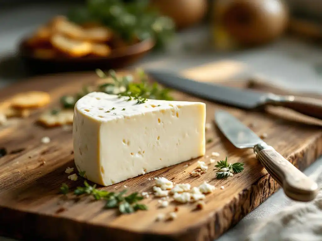 Creamy white goat cheese wedge on rustic wooden cutting board with vintage knife, fresh herbs and crackers in warm lighting