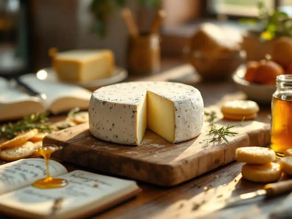 Goat cheese wheel with cut wedge on wooden board surrounded by artisanal crackers and pastries in test kitchen