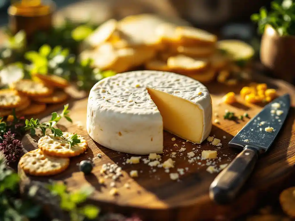 Creamy goat cheese wheel on wooden cutting board with chef's knife, fresh herbs, artisanal crackers and colorful garnishes
