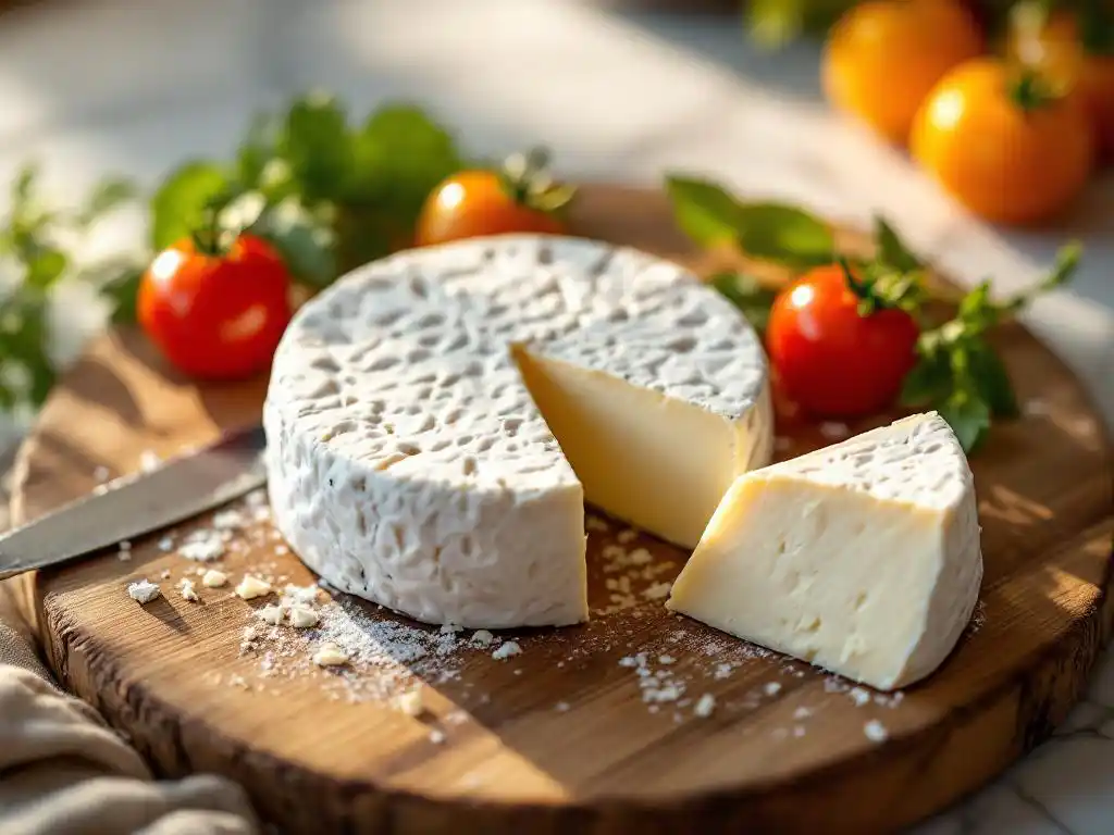 Goat cheese wheel with cut wedge on wooden cutting board surrounded by fresh herbs and heirloom tomatoes