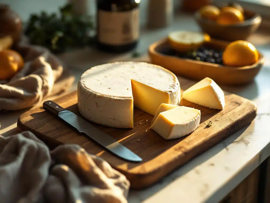 Artisanal goat cheese wheel with precise cuts on rustic wooden board, cheese knife beside wedges, warm kitchen lighting