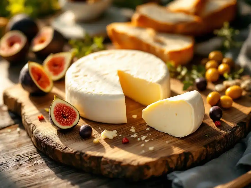 Goat cheese wheel with cut wedge on wooden board surrounded by fresh figs, artisan bread, olives and herbs in warm lighting