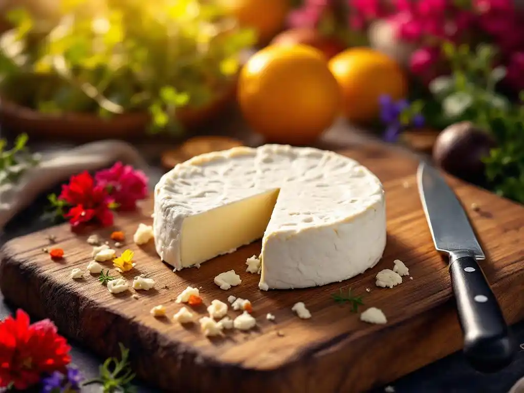Artisanal goat cheese wheel on wooden cutting board with crackers, microgreens, and edible flowers in warm lighting
