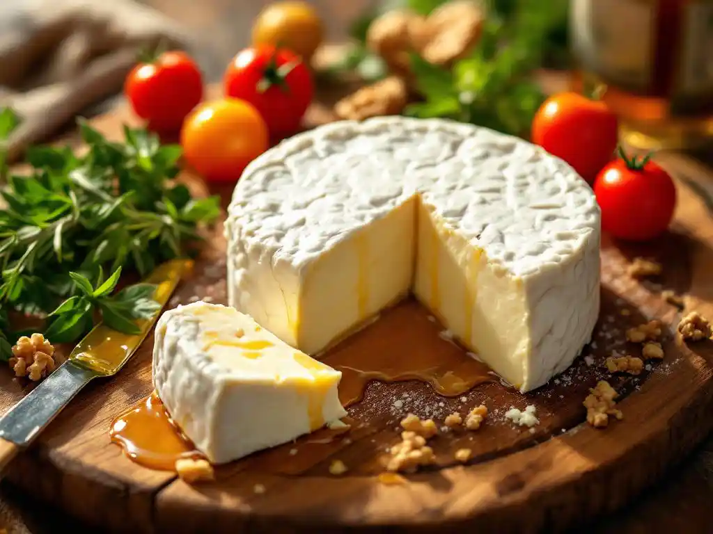 Creamy white goat cheese wheel with cut wedge on rustic wooden cutting board surrounded by fresh herbs, tomatoes, honey, and walnuts