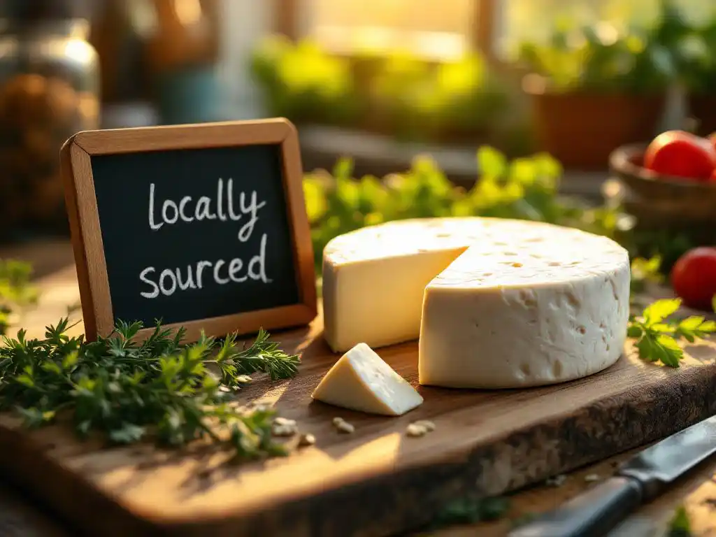 Artisanal goat cheese wheel with cut wedge on rustic wooden cutting board surrounded by fresh herbs and vegetables