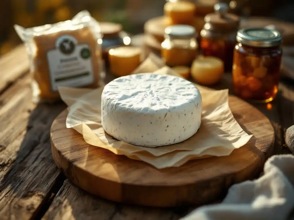 Fresh goat cheese wheel on rustic wooden cutting board with various packaging options including vacuum-sealed portions and glass jars