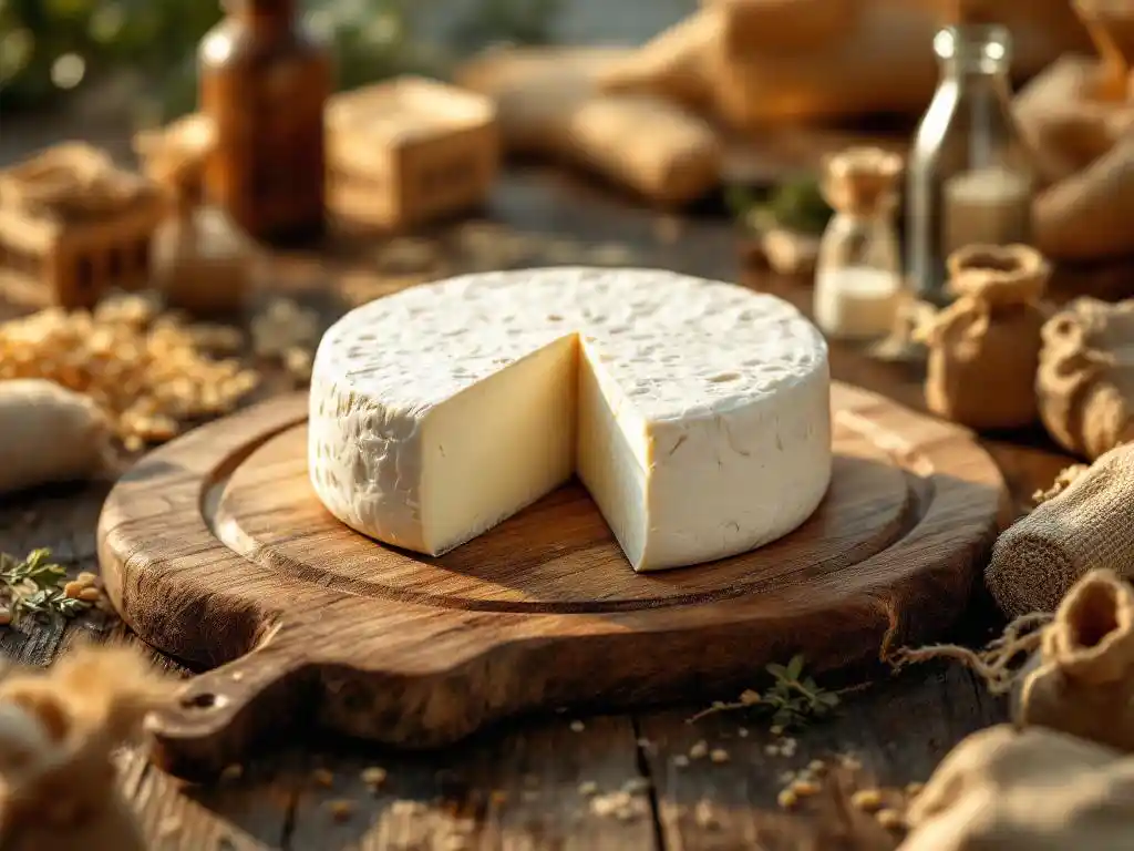 Goat cheese wheel with cut wedge on wooden cutting board surrounded by miniature supply chain elements and grain sacks