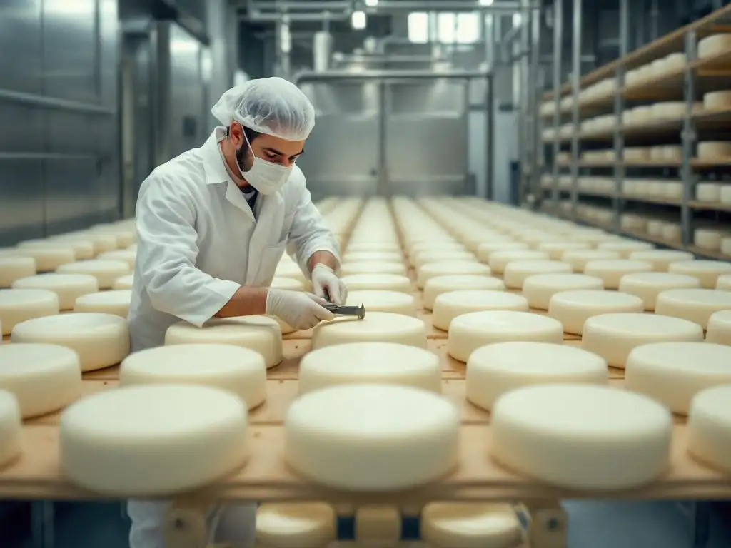 Quality control specialist examining white goat cheese wheels on wooden racks in modern dairy facility