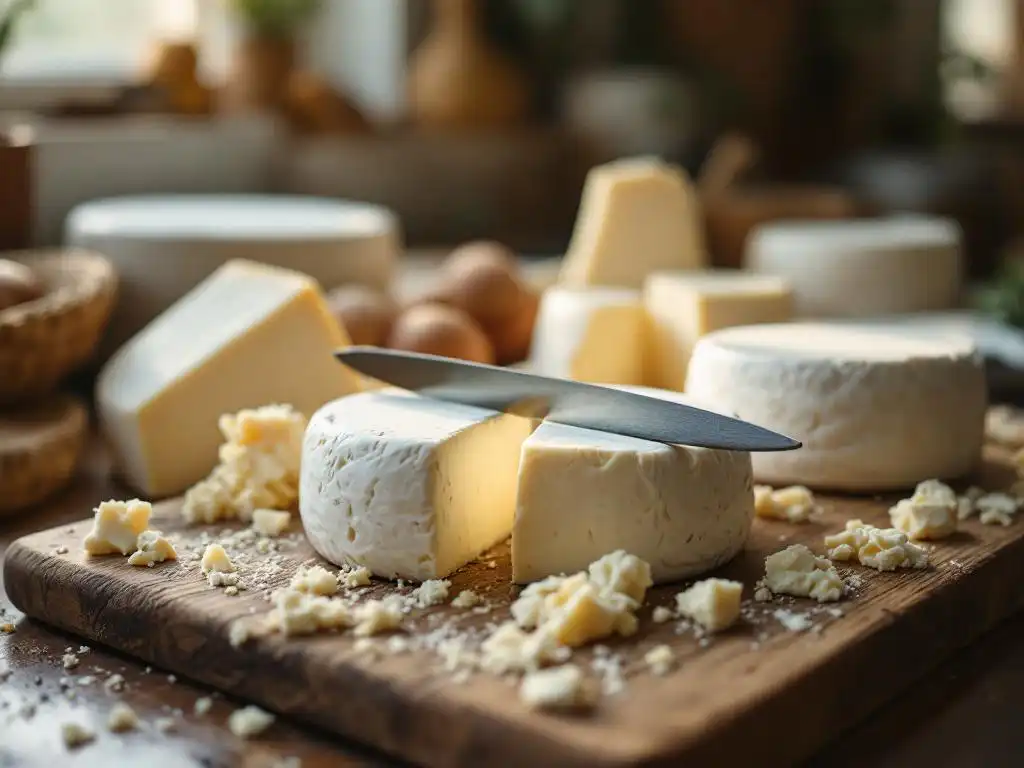 Rustic wooden cutting board with creamy white goat cheese wheels, knife slicing largest wheel, warm kitchen lighting