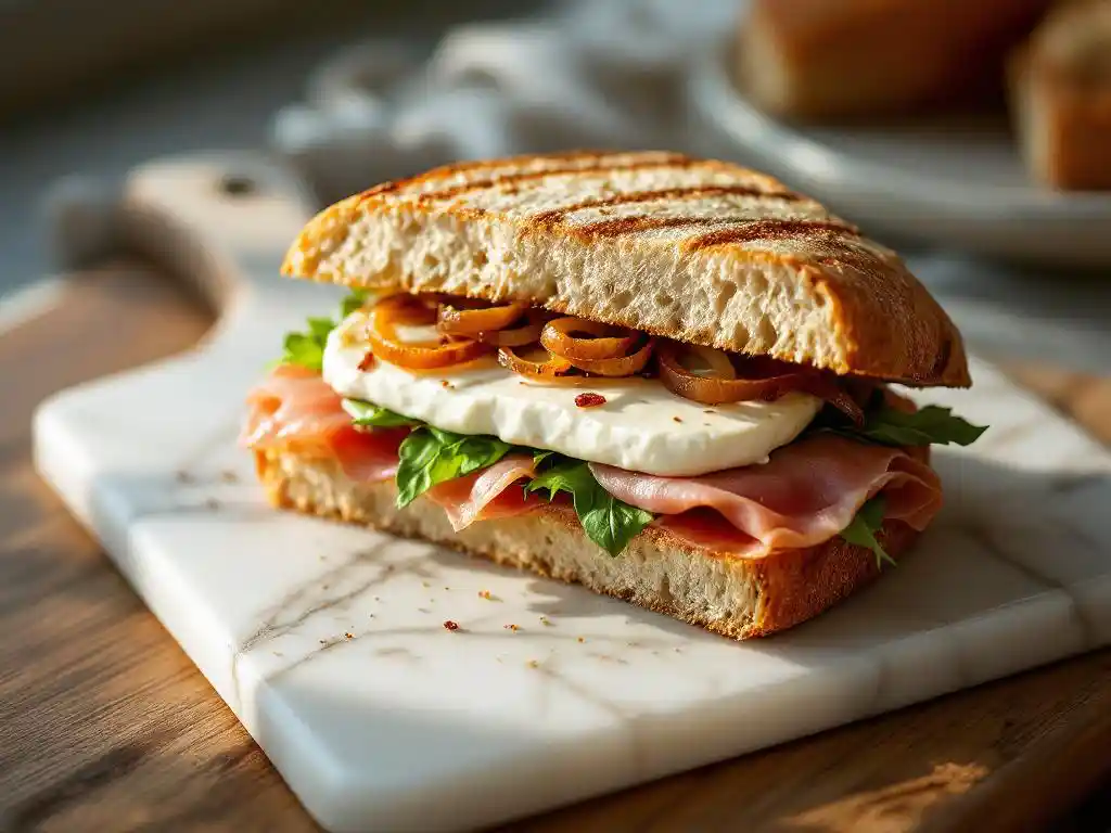 Gourmet sandwich with goat cheese, prosciutto, and arugula on sourdough bread served on marble cutting board