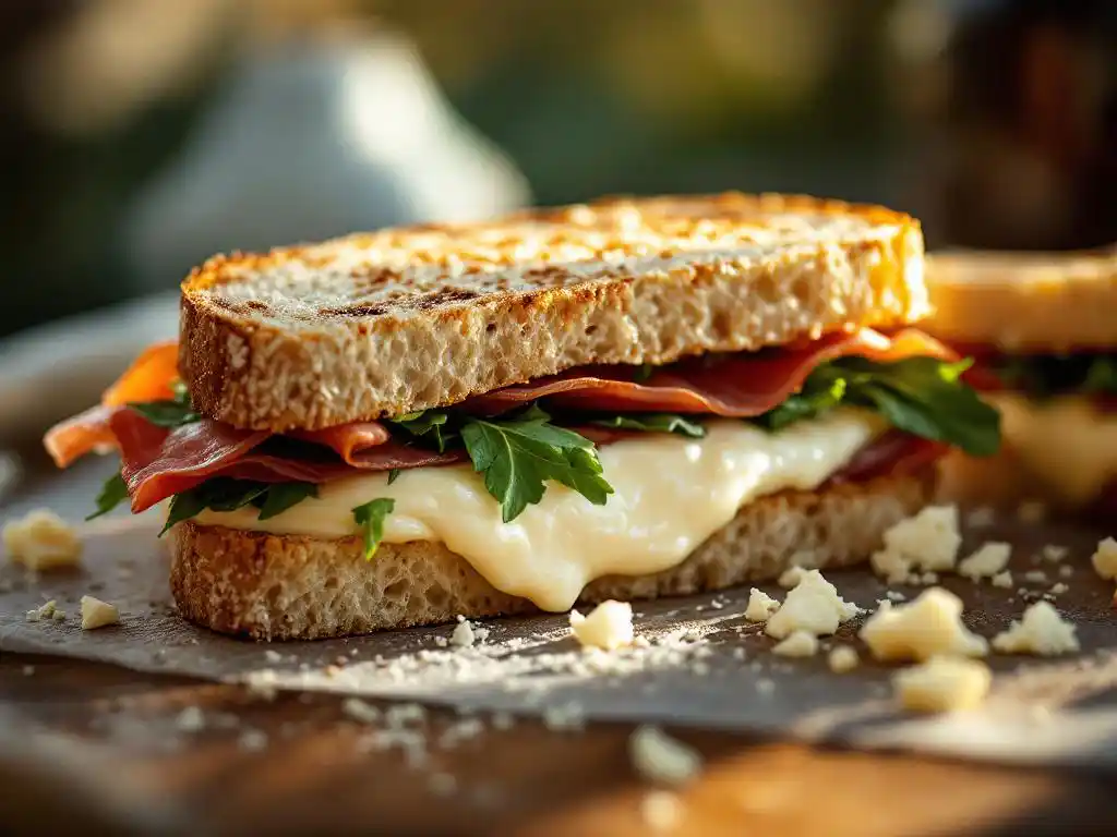 Gourmet sandwich with melted goat cheese, prosciutto, and arugula on sourdough bread, cut diagonally on wooden cutting board.