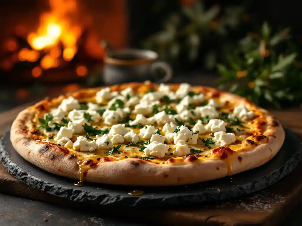 Gourmet wood-fired pizza with goat cheese and fresh herbs on slate plate in restaurant kitchen with warm lighting