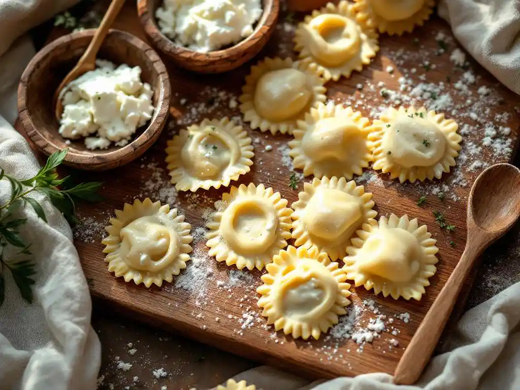 Handmade goat cheese ravioli on rustic wooden cutting board with fresh herbs and bowl of creamy goat cheese filling