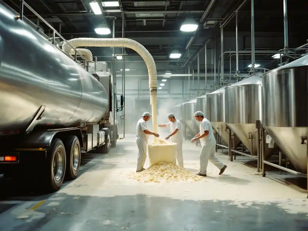 industrial-dairy-processing-goat-cheese-facility.jpg Workers in white uniforms transfer goat cheese from stainless steel tanker truck to storage vats at dairy processing facility