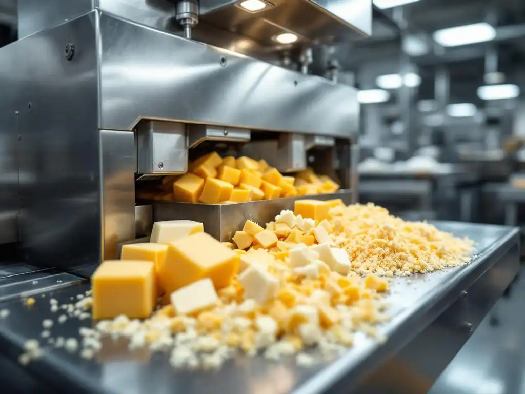 Industrial food processor with stainless steel surfaces processing various cheese types including cheddar cubes and mozzarella strips