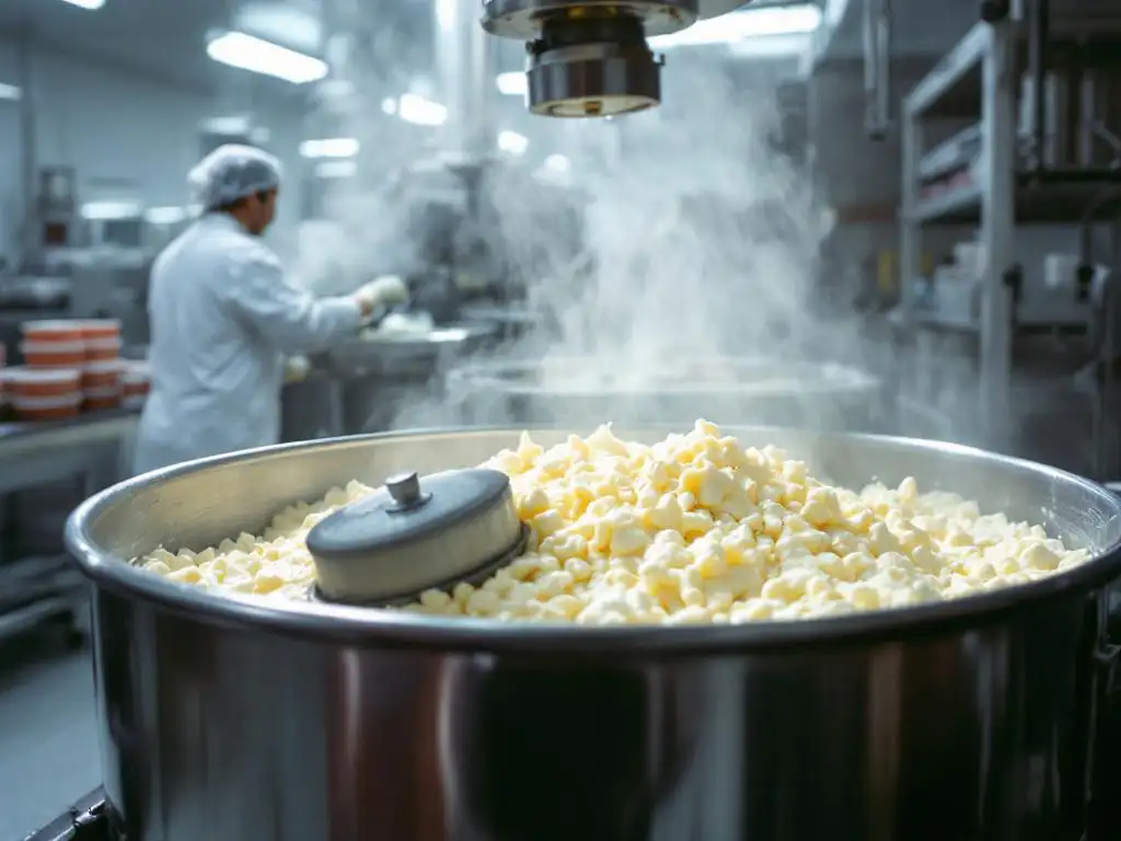 Industrial stainless steel mixer with creamy goat cheese being processed by mechanical paddles, factory worker monitoring