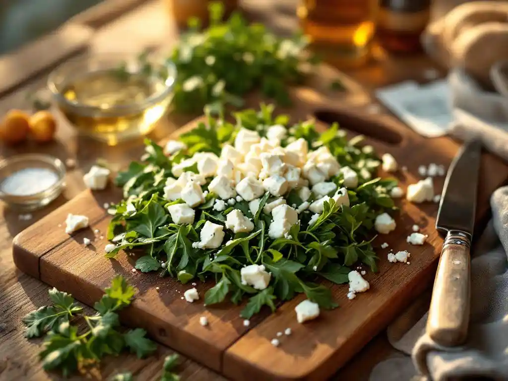 Goat cheese crumbles on arugula salad with meal kit ingredients and recipe cards on rustic wooden cutting board