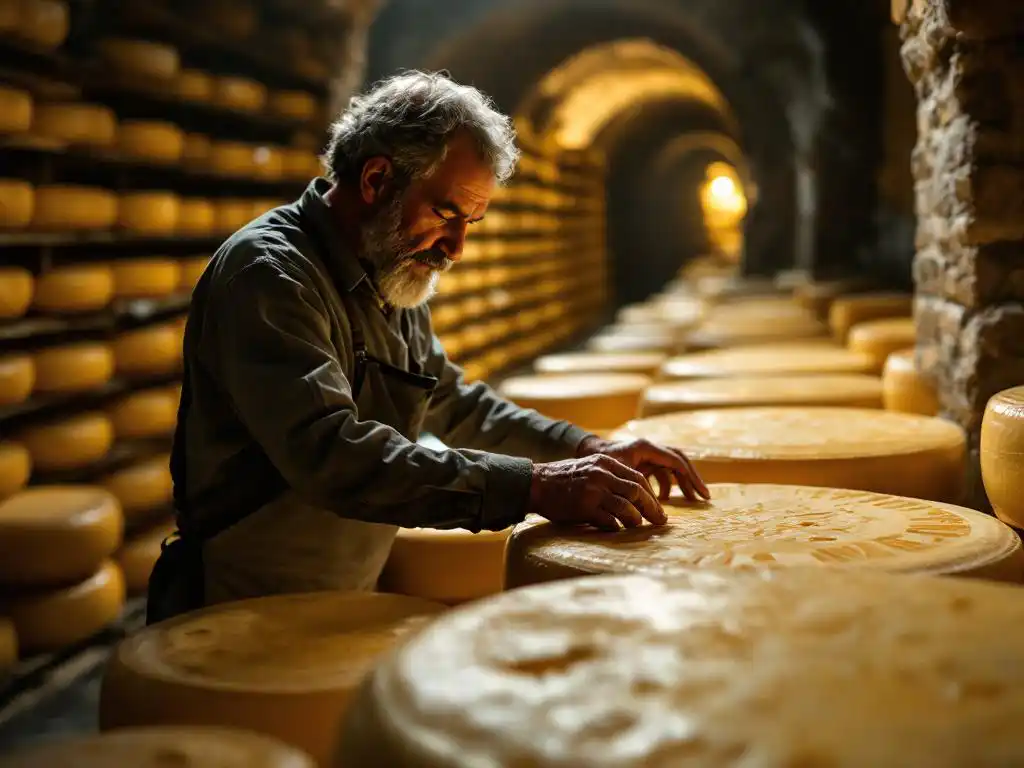 Master cheesemaker examining aged Parmigiano-Reggiano wheel in traditional cave with rows of golden cheese wheels aging