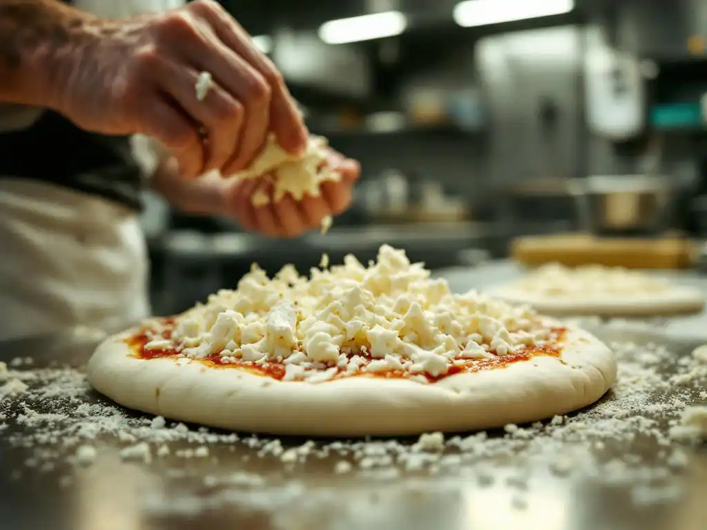 Chef hands crumbling white goat cheese onto pizza dough in commercial kitchen with stainless steel equipment