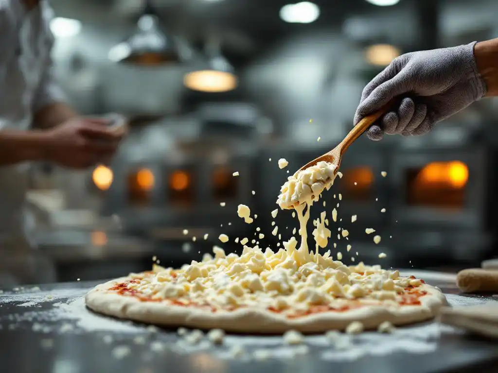 Pizza chef sprinkling goat cheese crumbles onto fresh dough in professional kitchen with pizza ovens in background