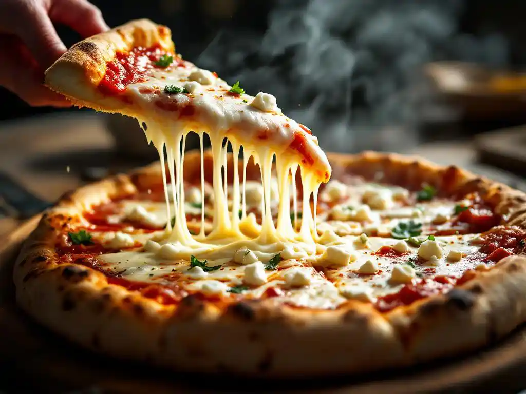 Pizza slice being lifted with stretchy white goat cheese pulling dramatically, herbs and crumbles on golden crust