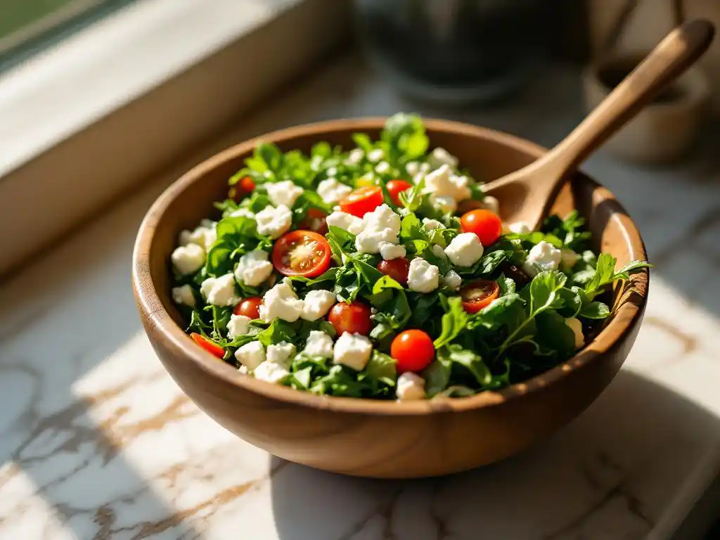 Fresh mixed greens salad with cherry tomatoes and goat cheese crumbles in rustic wooden bowl on marble counter